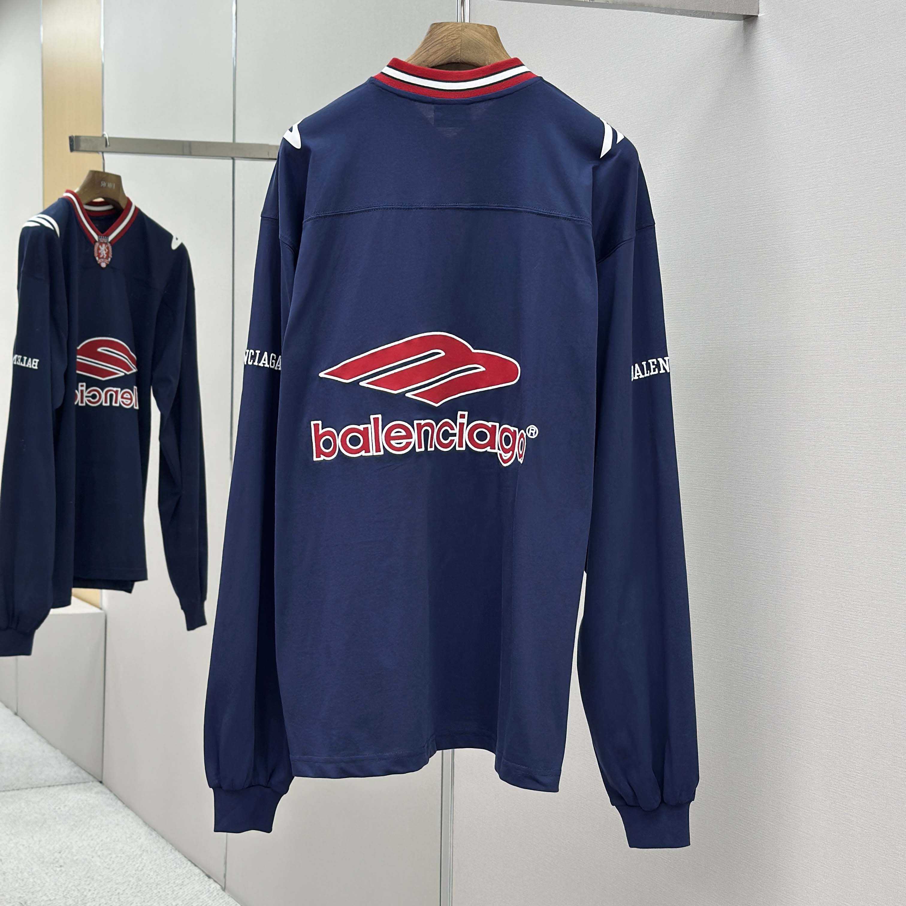 Balenciaga 3B Football Long Sleeve V-Neck T-Shirt In Dark Navy  - DesignerGu