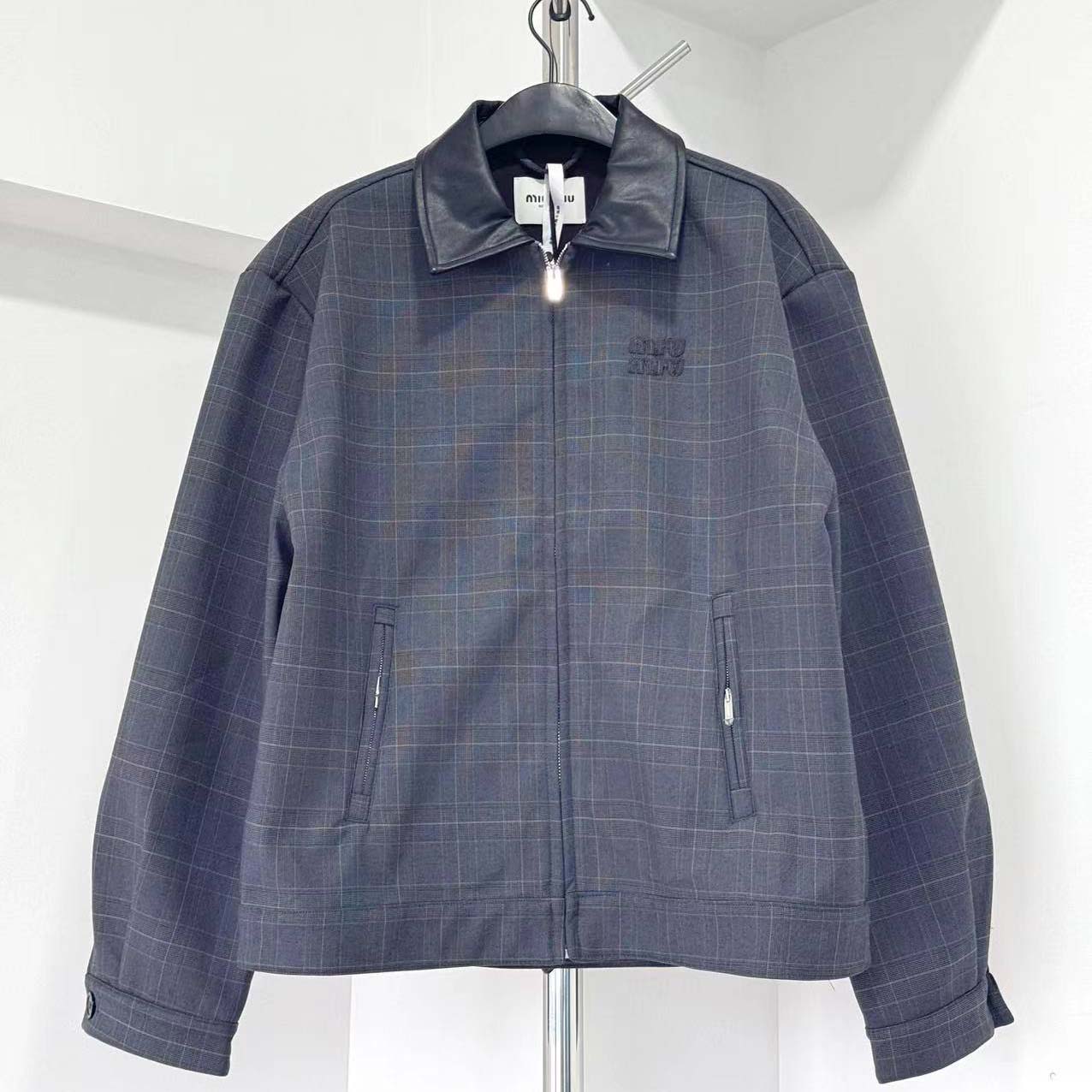 Miu Miu Prince Of Wales Check And bonded Jersey Blouson Jacket - DesignerGu