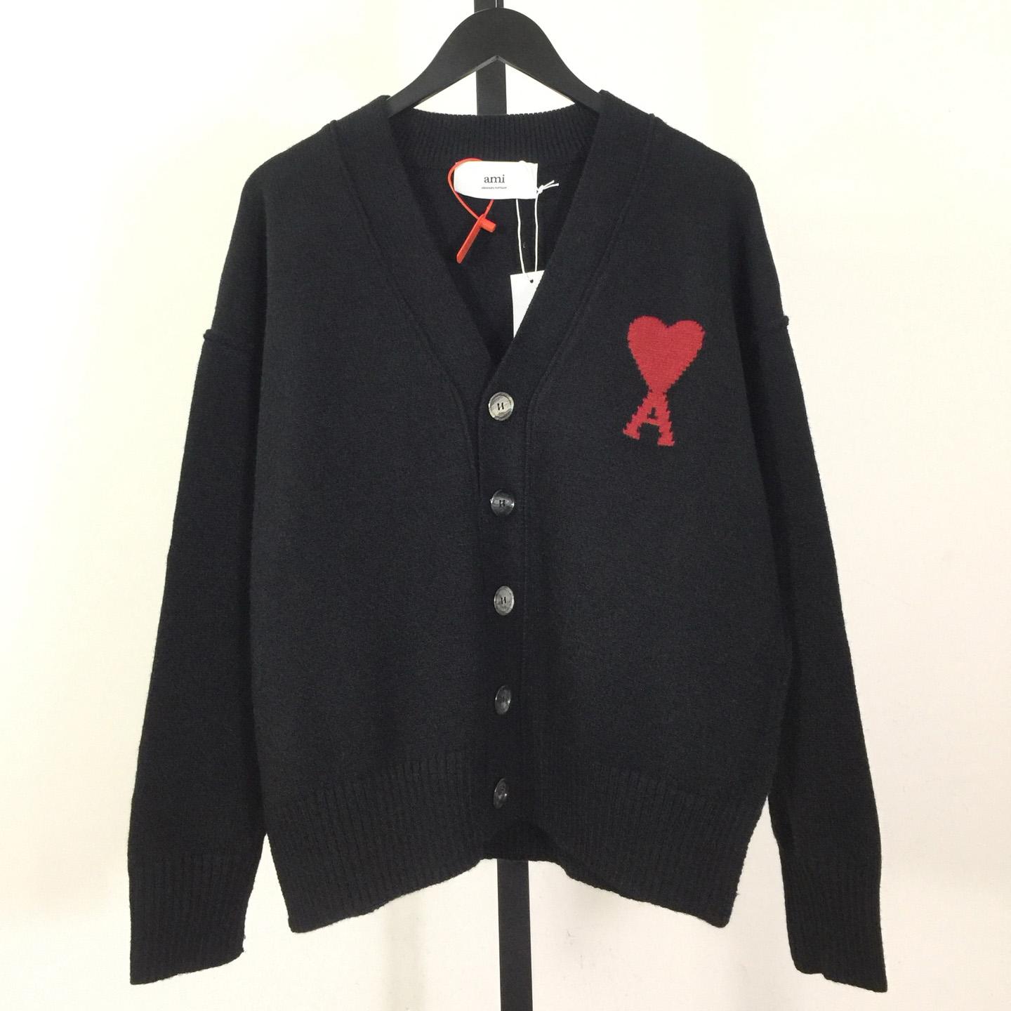 AMI Paris Black Wool Ami De Coeur Cardigan  - DesignerGu
