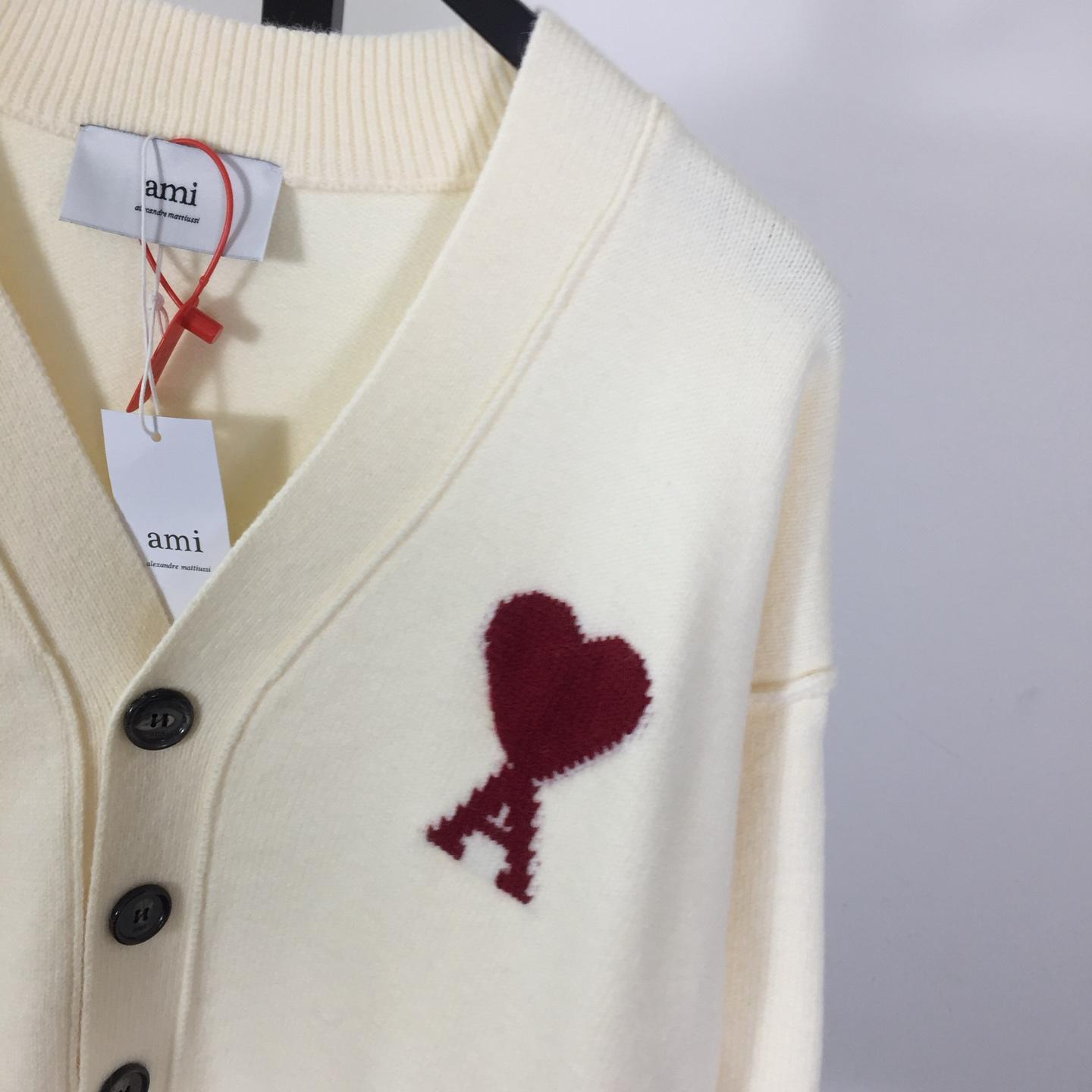 AMI Paris White Wool Ami De Coeur Cardigan  - DesignerGu