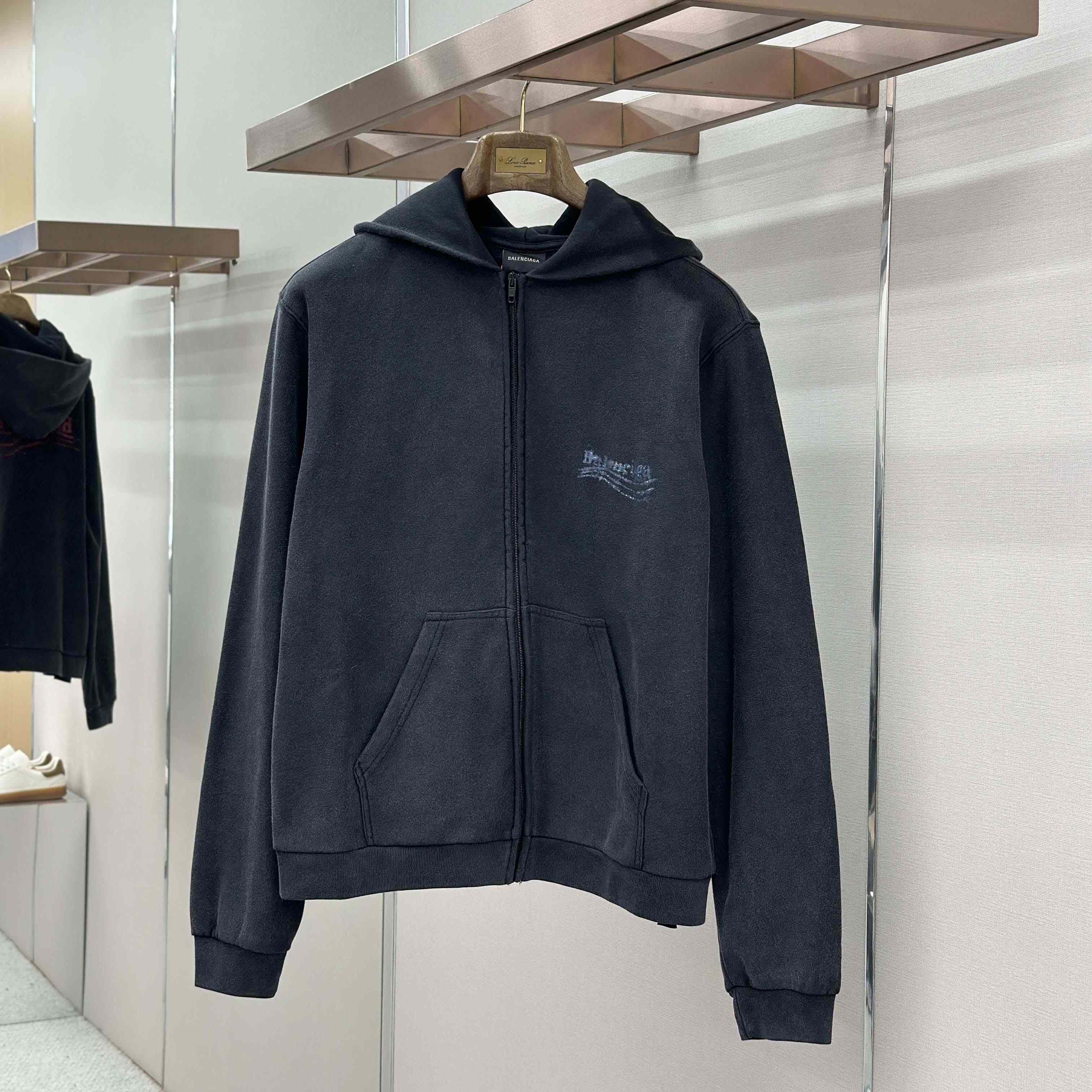 Balenciaga Washed Crayon Political Zip-Up Hoodie Regular Fit In Faded Black - DesignerGu