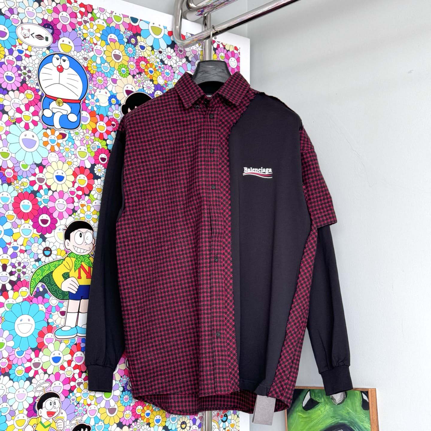 Balenciaga Patched Shirt In Red Check Flannel And Black Dry Jersey - DesignerGu
