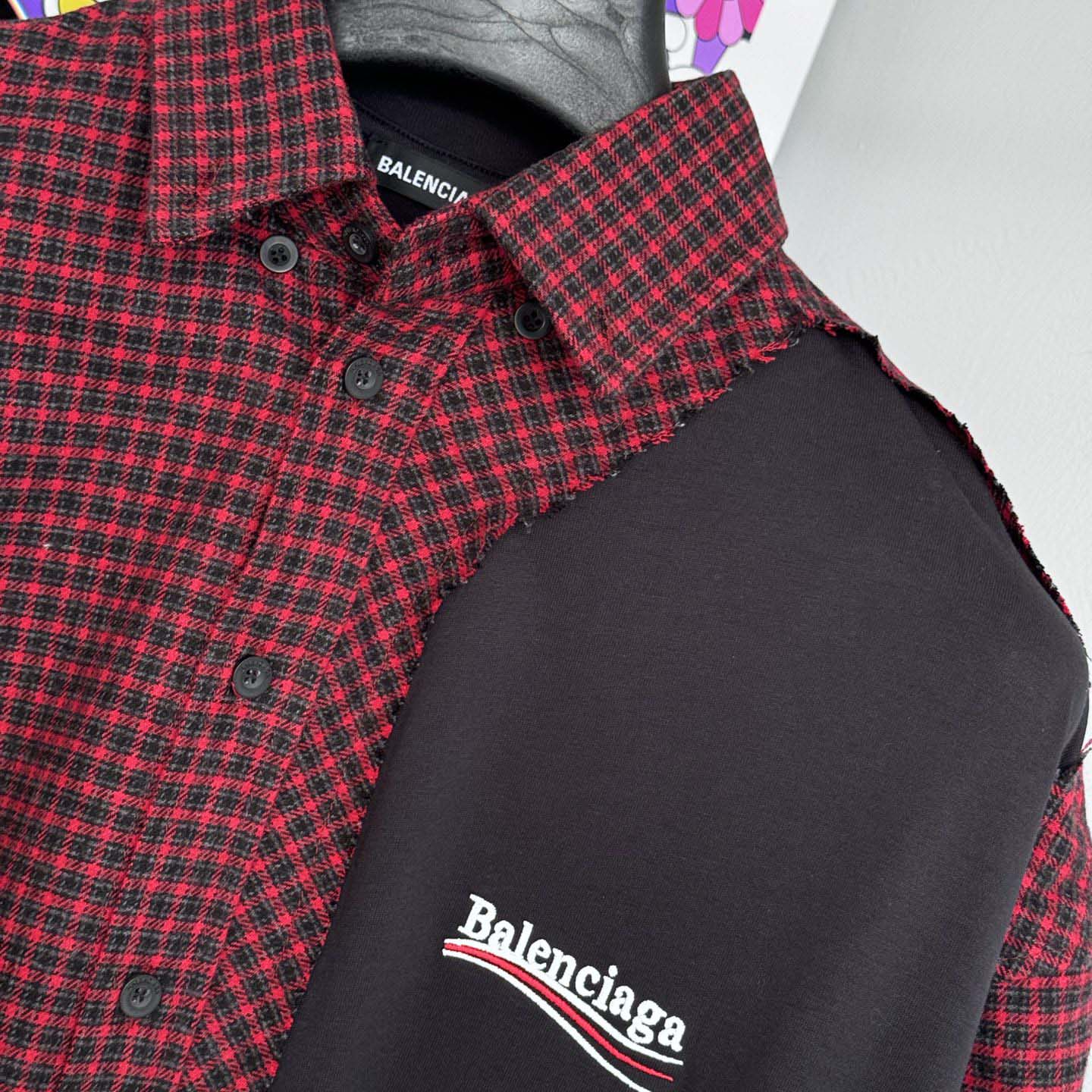 Balenciaga Patched Shirt In Red Check Flannel And Black Dry Jersey - DesignerGu