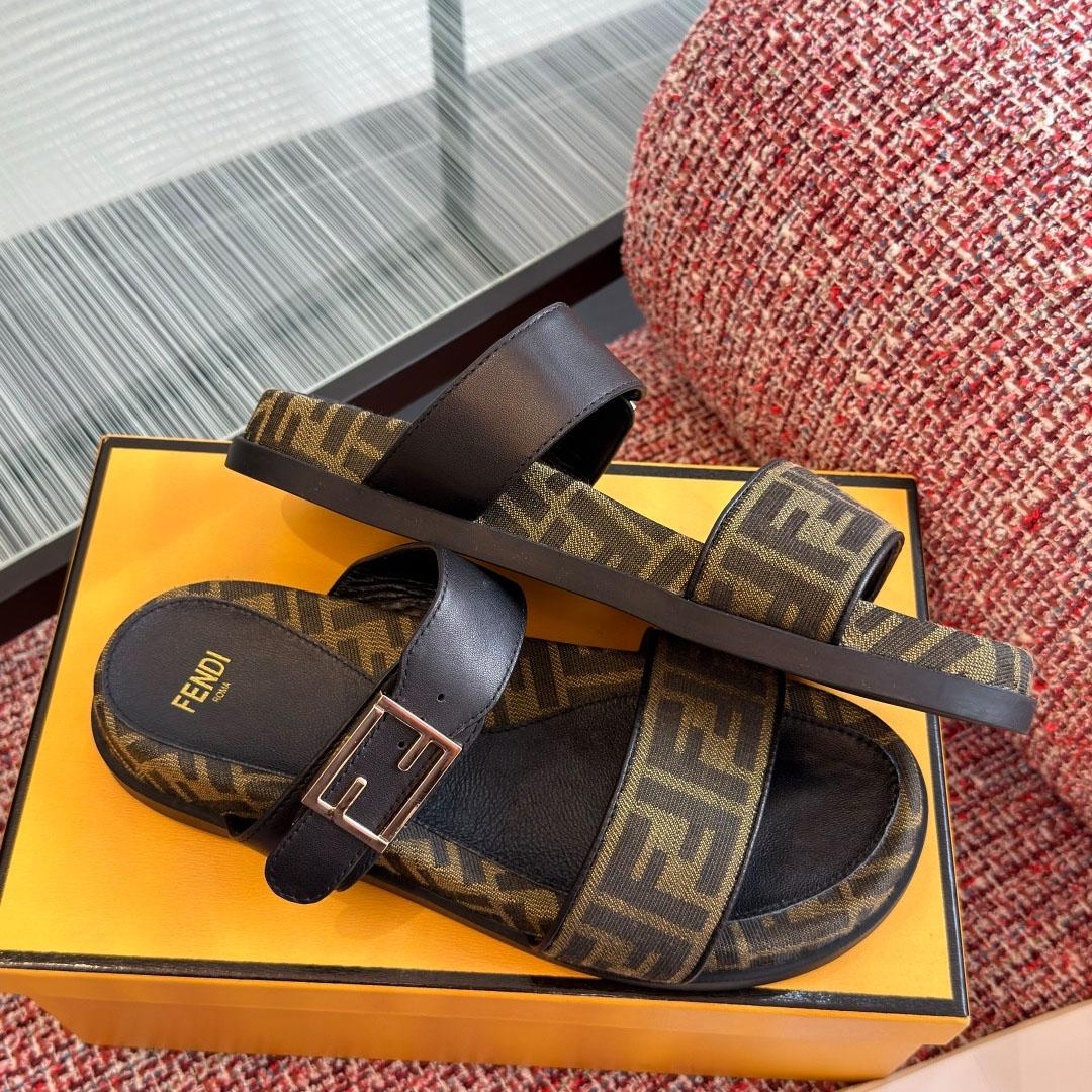 Fendi Black Leather And Brown FF Fabric Slides - DesignerGu