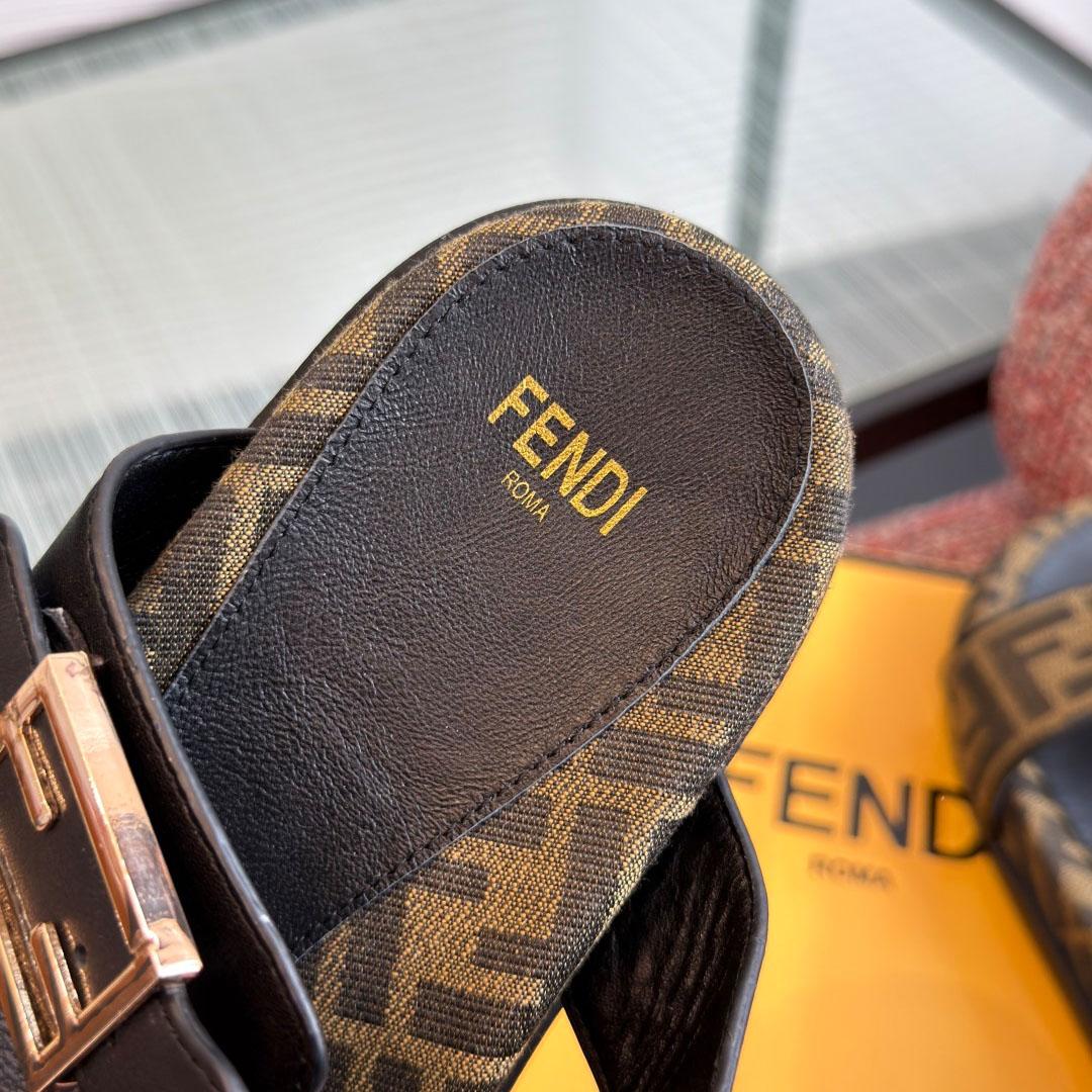 Fendi Black Leather And Brown FF Fabric Slides - DesignerGu
