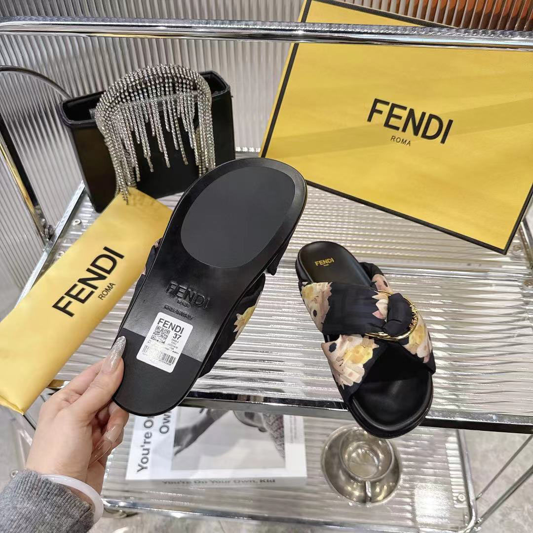 Fendi Black FF Jacquard Satin Slides - DesignerGu