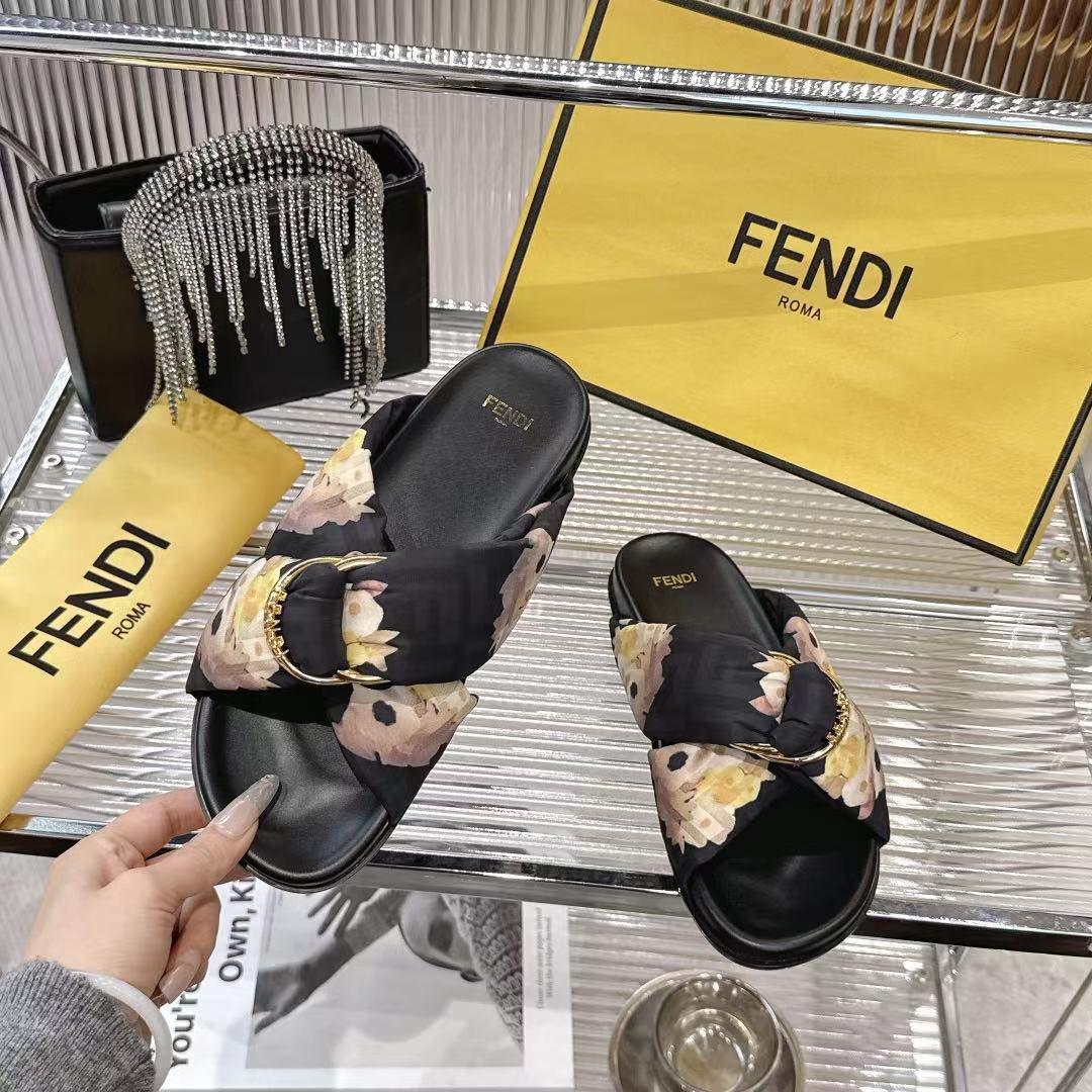 Fendi Black FF Jacquard Satin Slides - DesignerGu