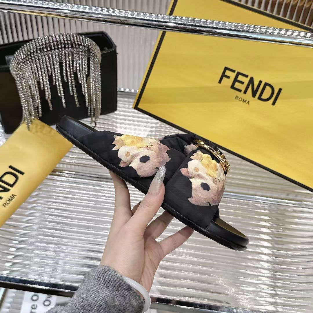 Fendi Black FF Jacquard Satin Slides - DesignerGu