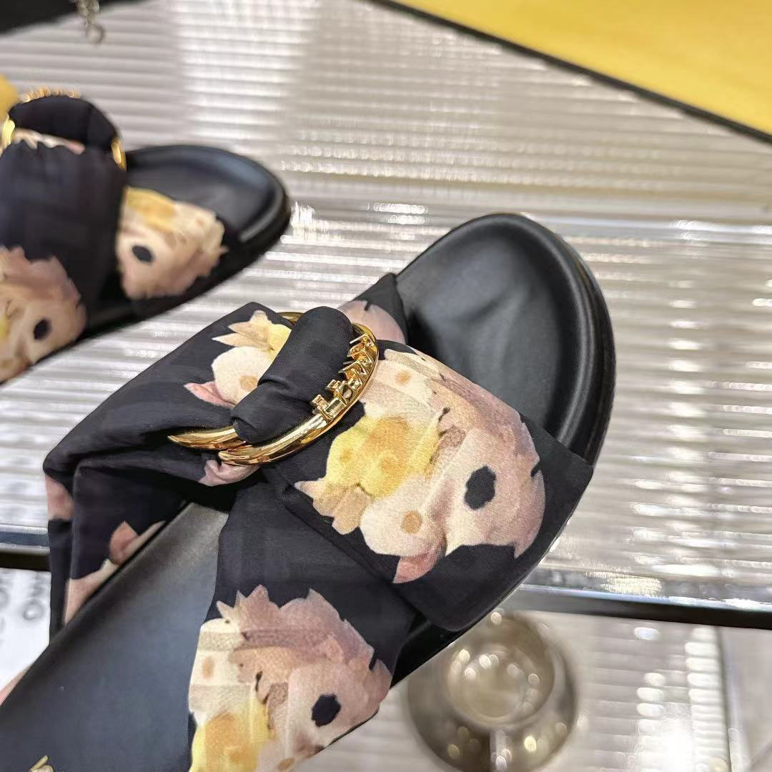 Fendi Black FF Jacquard Satin Slides - DesignerGu