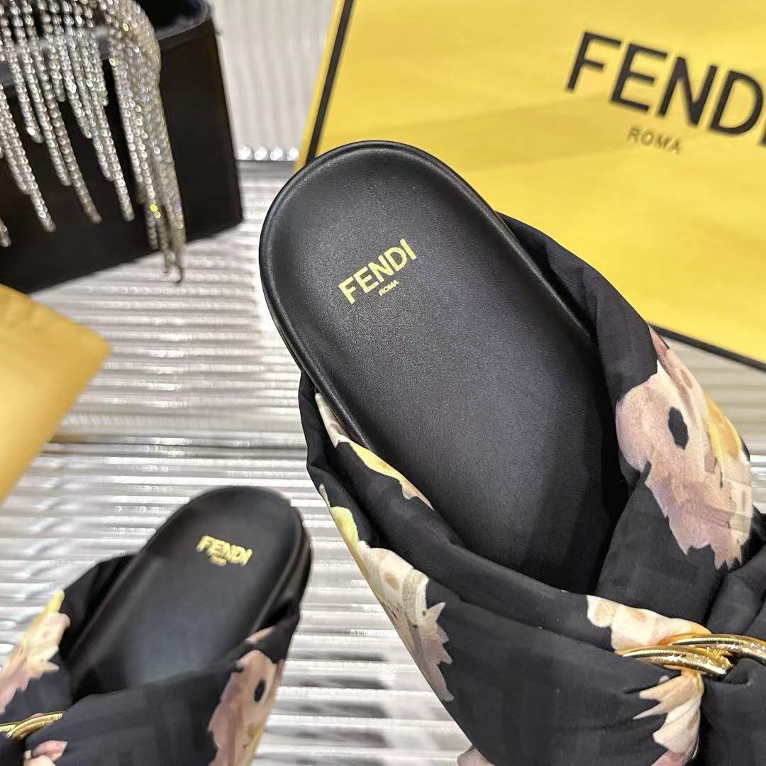 Fendi Black FF Jacquard Satin Slides - DesignerGu