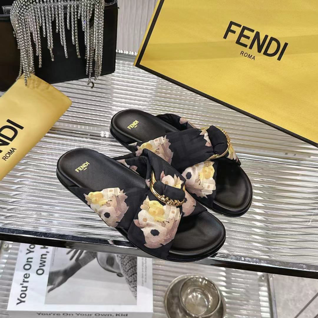 Fendi Black FF Jacquard Satin Slides - DesignerGu