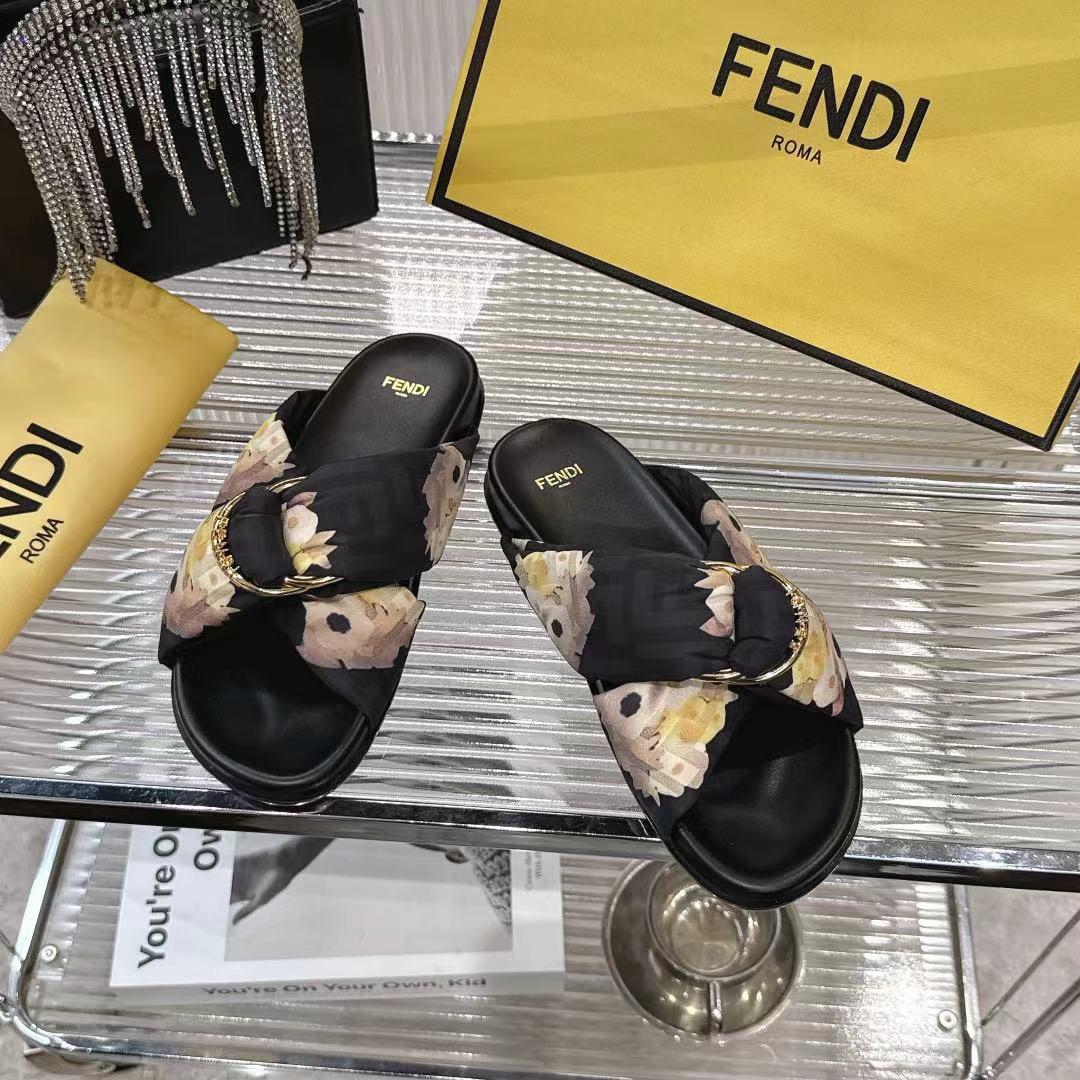 Fendi Black FF Jacquard Satin Slides - DesignerGu