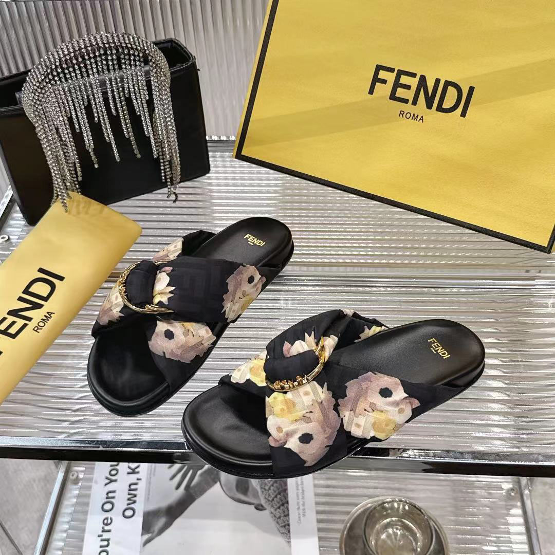 Fendi Black FF Jacquard Satin Slides - DesignerGu