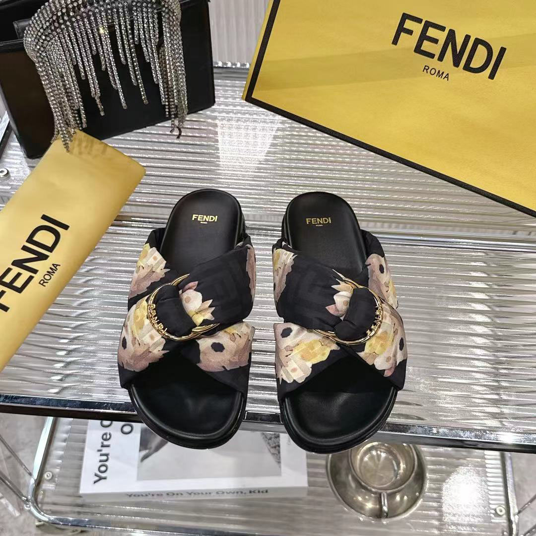 Fendi Black FF Jacquard Satin Slides - DesignerGu
