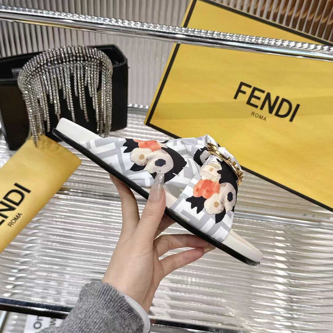 Fendi White FF Jacquard Satin Slides - DesignerGu