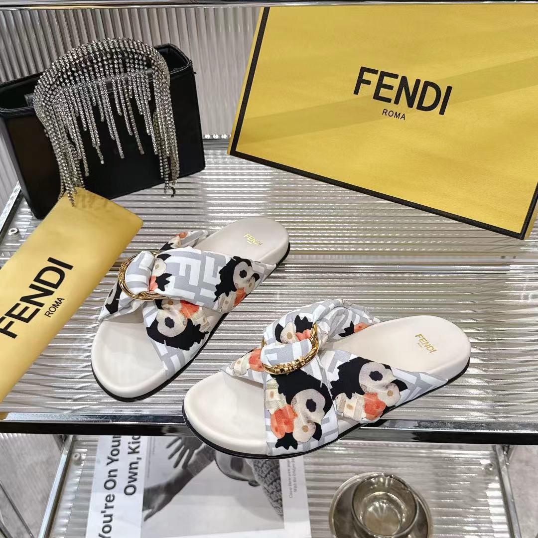 Fendi White FF Jacquard Satin Slides - DesignerGu