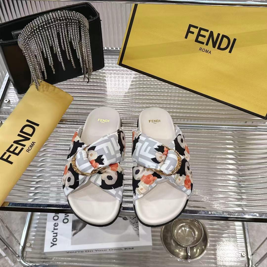 Fendi White FF Jacquard Satin Slides - DesignerGu