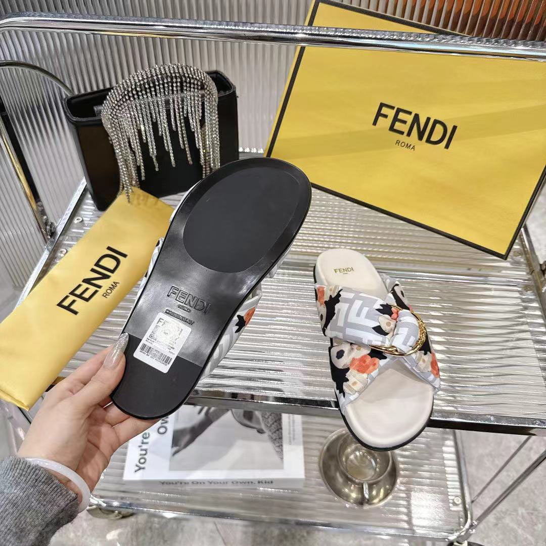 Fendi White FF Jacquard Satin Slides - DesignerGu