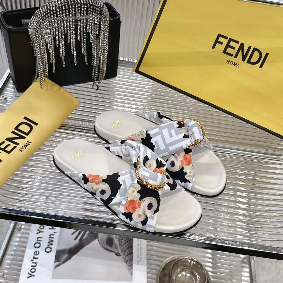 Fendi White FF Jacquard Satin Slides - DesignerGu