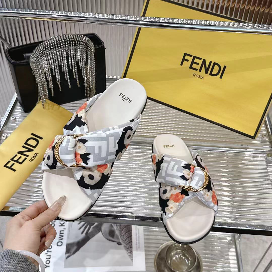 Fendi White FF Jacquard Satin Slides - DesignerGu