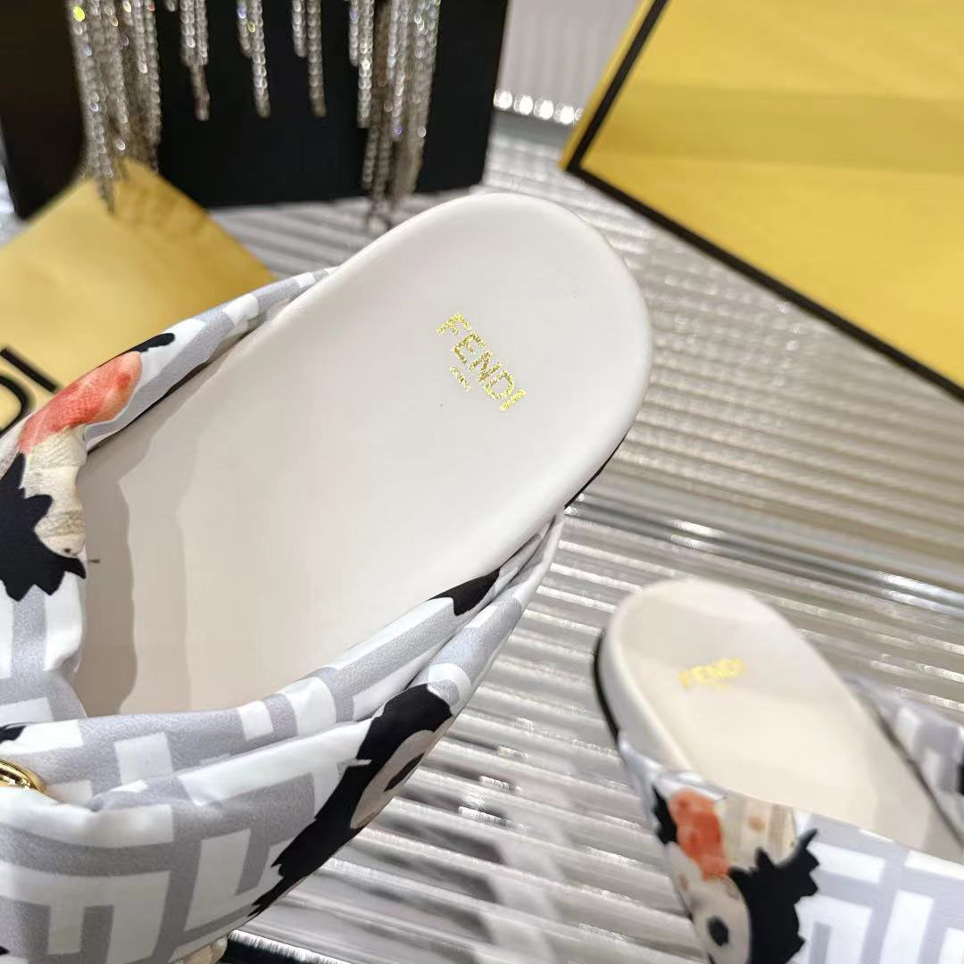 Fendi White FF Jacquard Satin Slides - DesignerGu