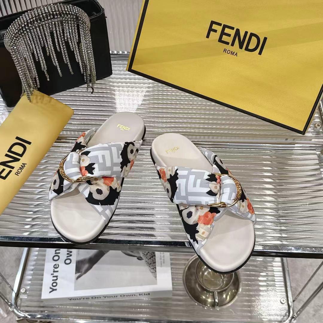 Fendi White FF Jacquard Satin Slides - DesignerGu