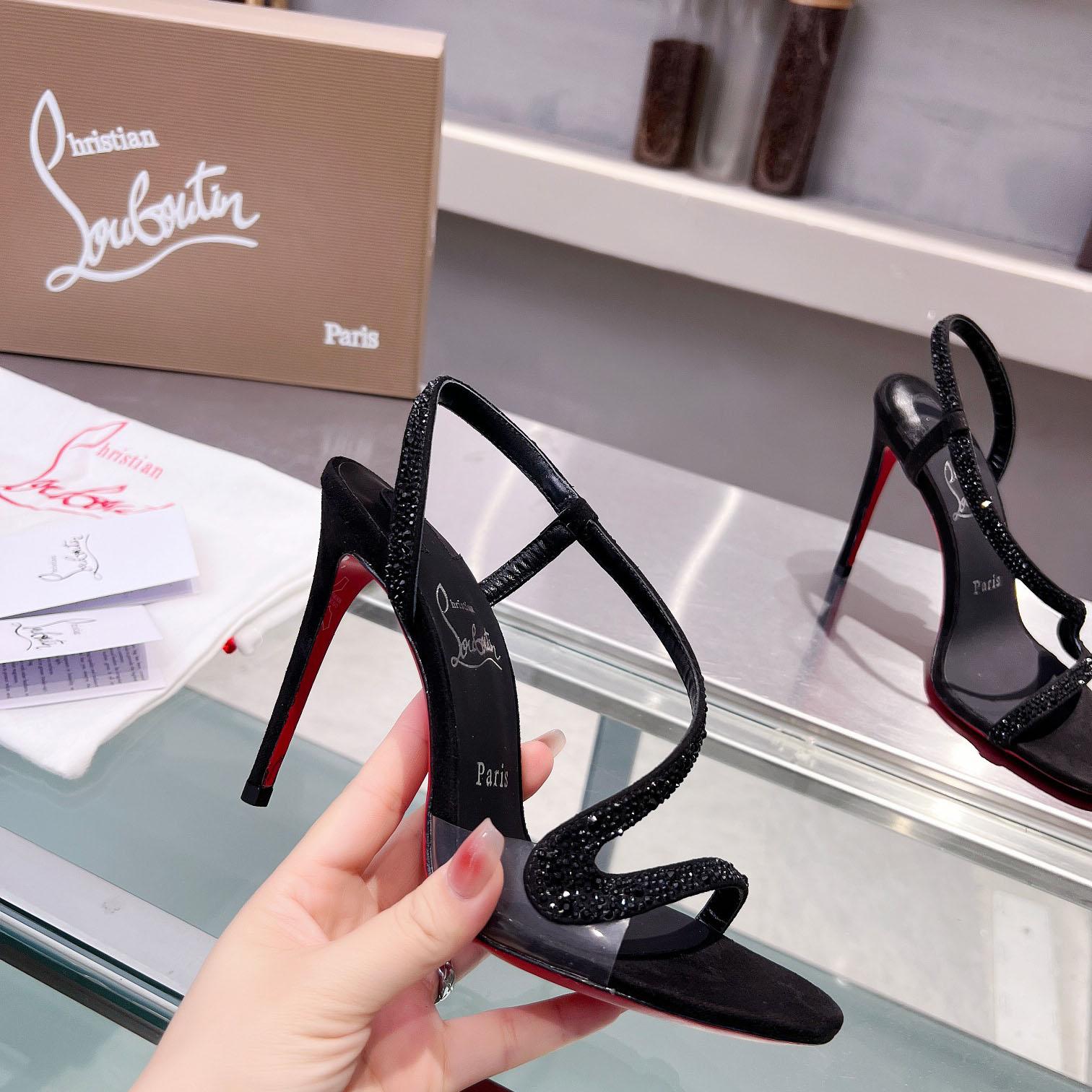 Christian Louboutin Black Suede Crystal Embellished Rosalie Sandals - DesignerGu