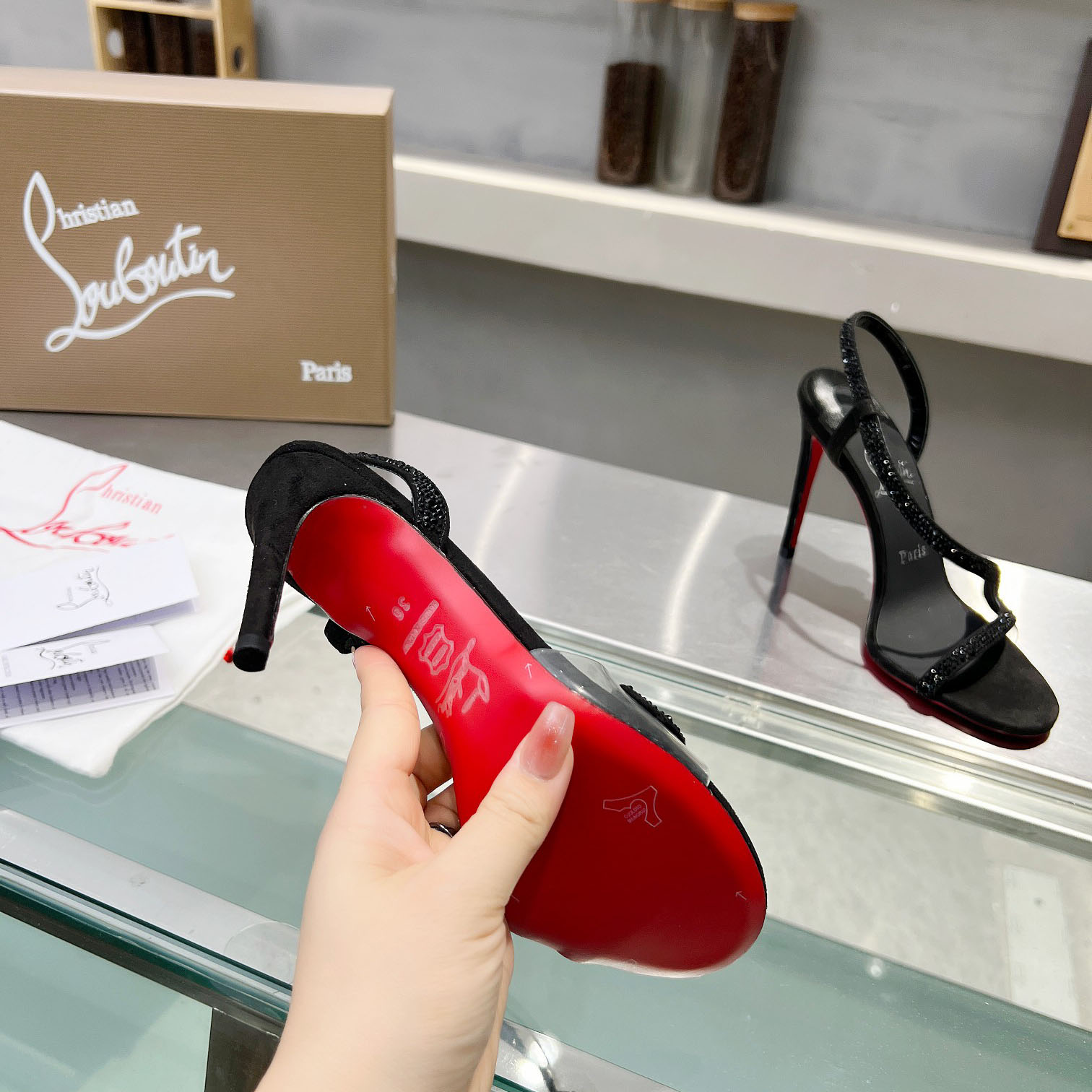 Christian Louboutin Black Suede Crystal Embellished Rosalie Sandals - DesignerGu