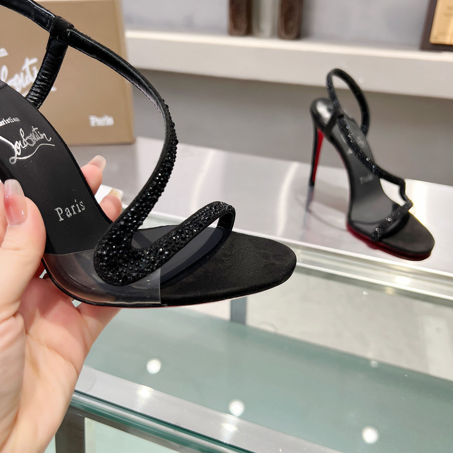 Christian Louboutin Black Suede Crystal Embellished Rosalie Sandals - DesignerGu