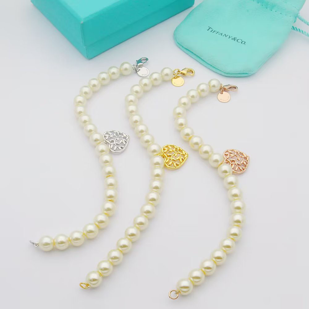 Tiffany Olive Leaf Pearl Heart Bracelet - DesignerGu