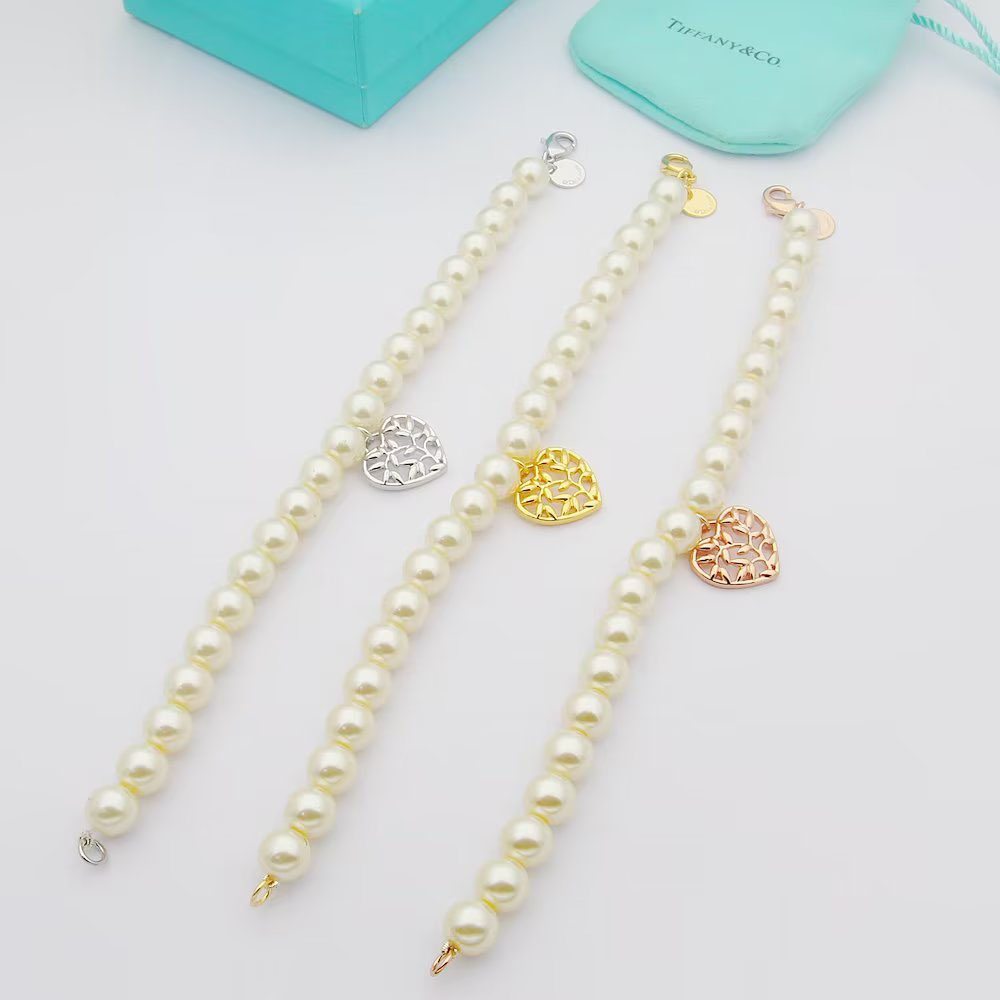 Tiffany Olive Leaf Pearl Heart Bracelet - DesignerGu