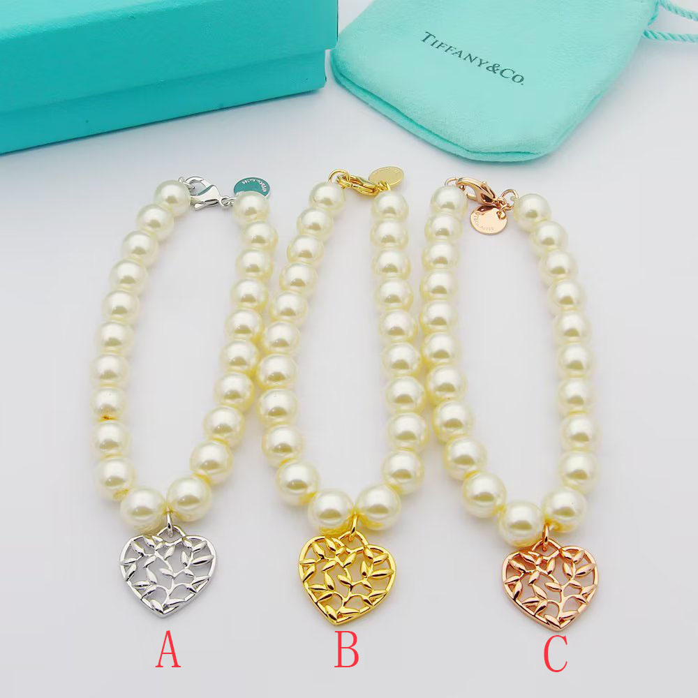 Tiffany Olive Leaf Pearl Heart Bracelet - DesignerGu