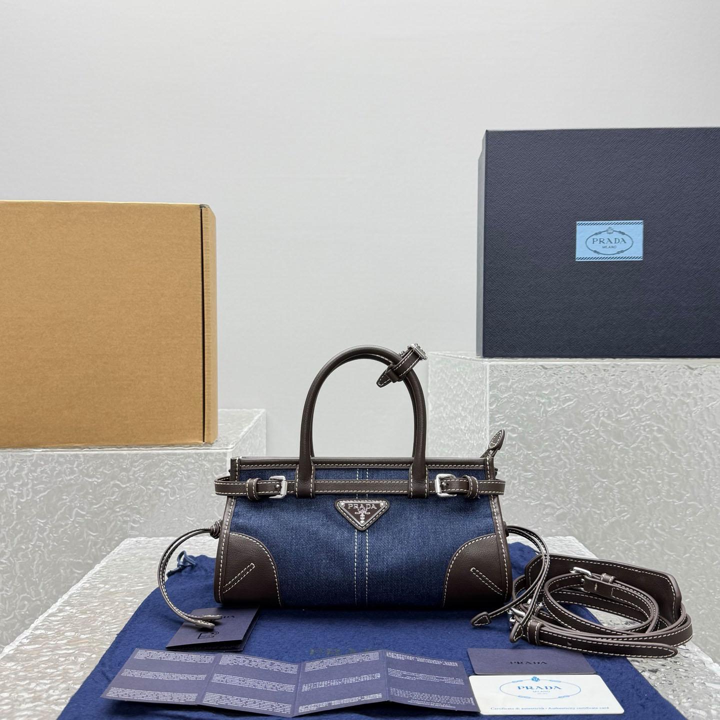 Prada Bonnie Small Denim And Leather Handbag - DesignerGu