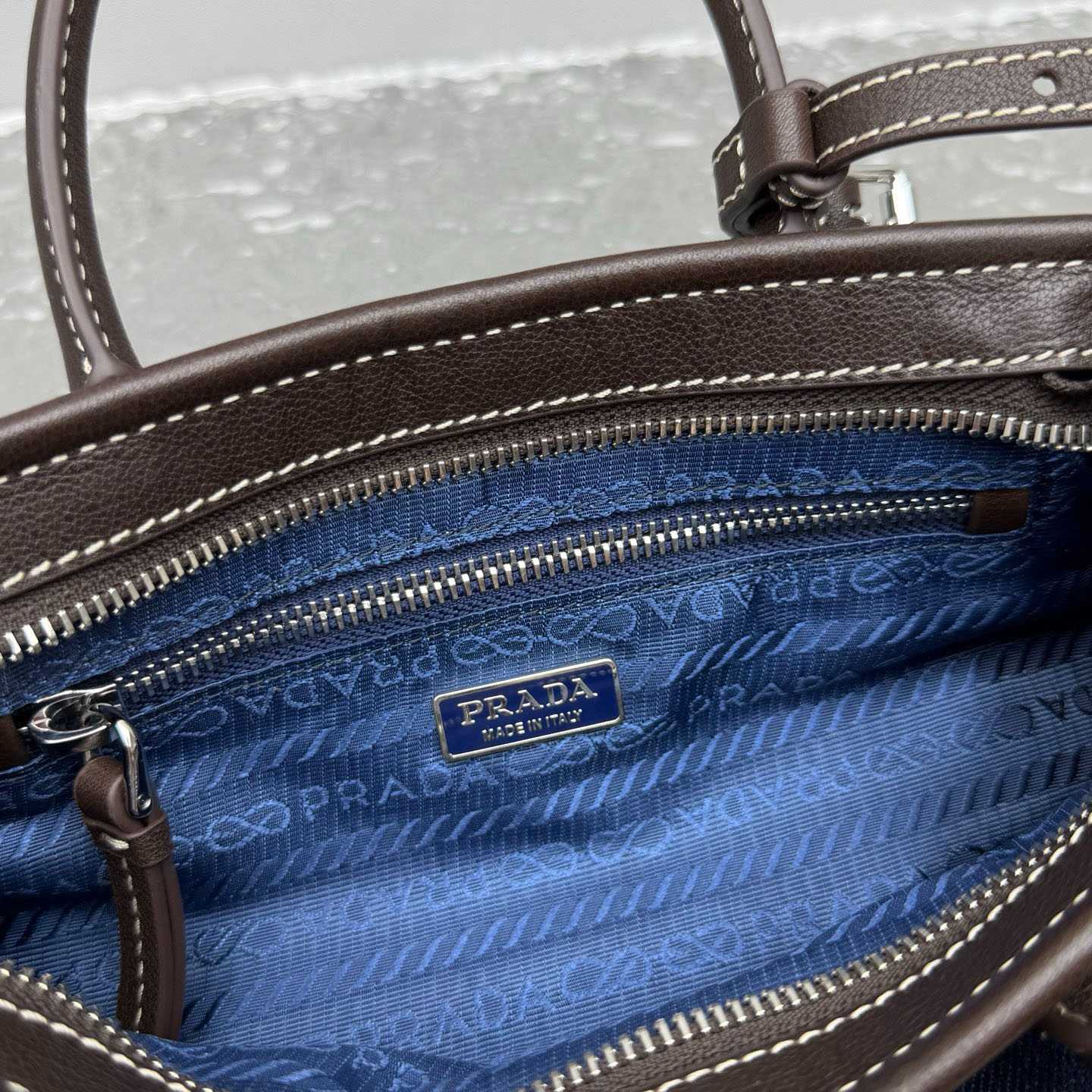 Prada Bonnie Small Denim And Leather Handbag - DesignerGu