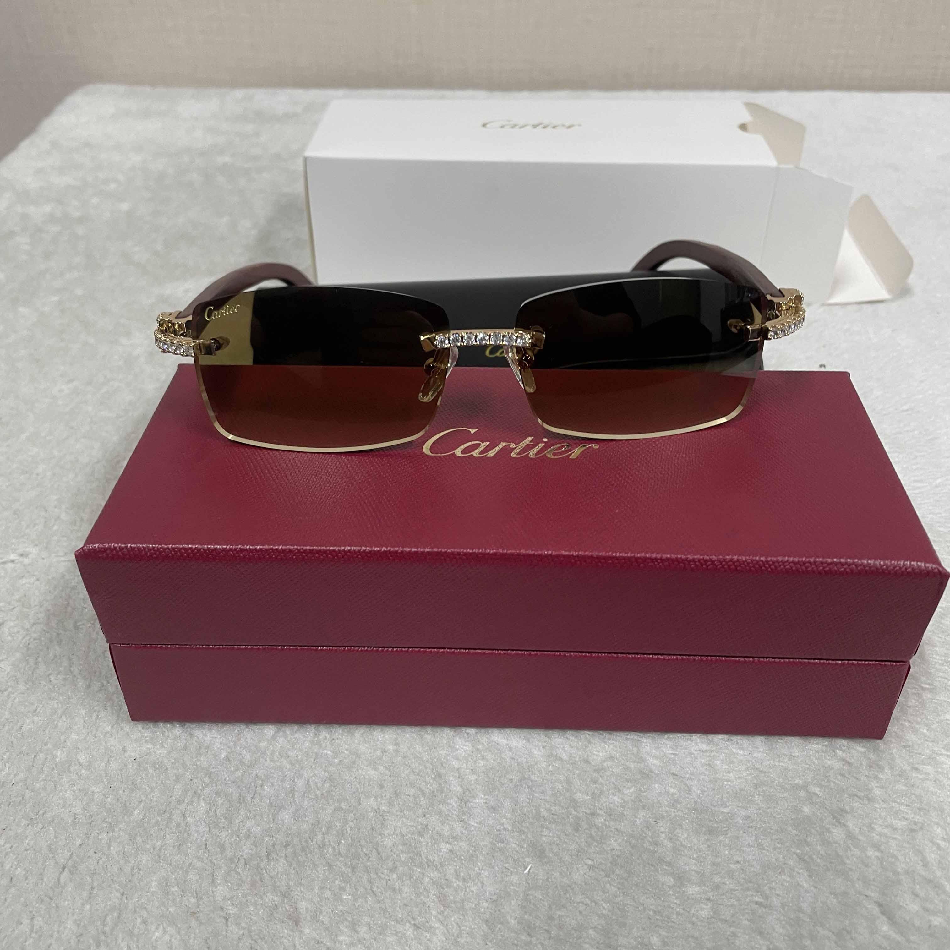 Cartier 3524012 Diamond Wood Sunglasses In Gold - DesignerGu
