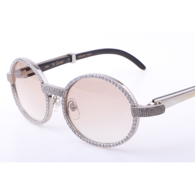 Cartier  7550178 55-22 New Full Diamond White Mix Black Buffalo Sunglasses In Silver Brown - 
