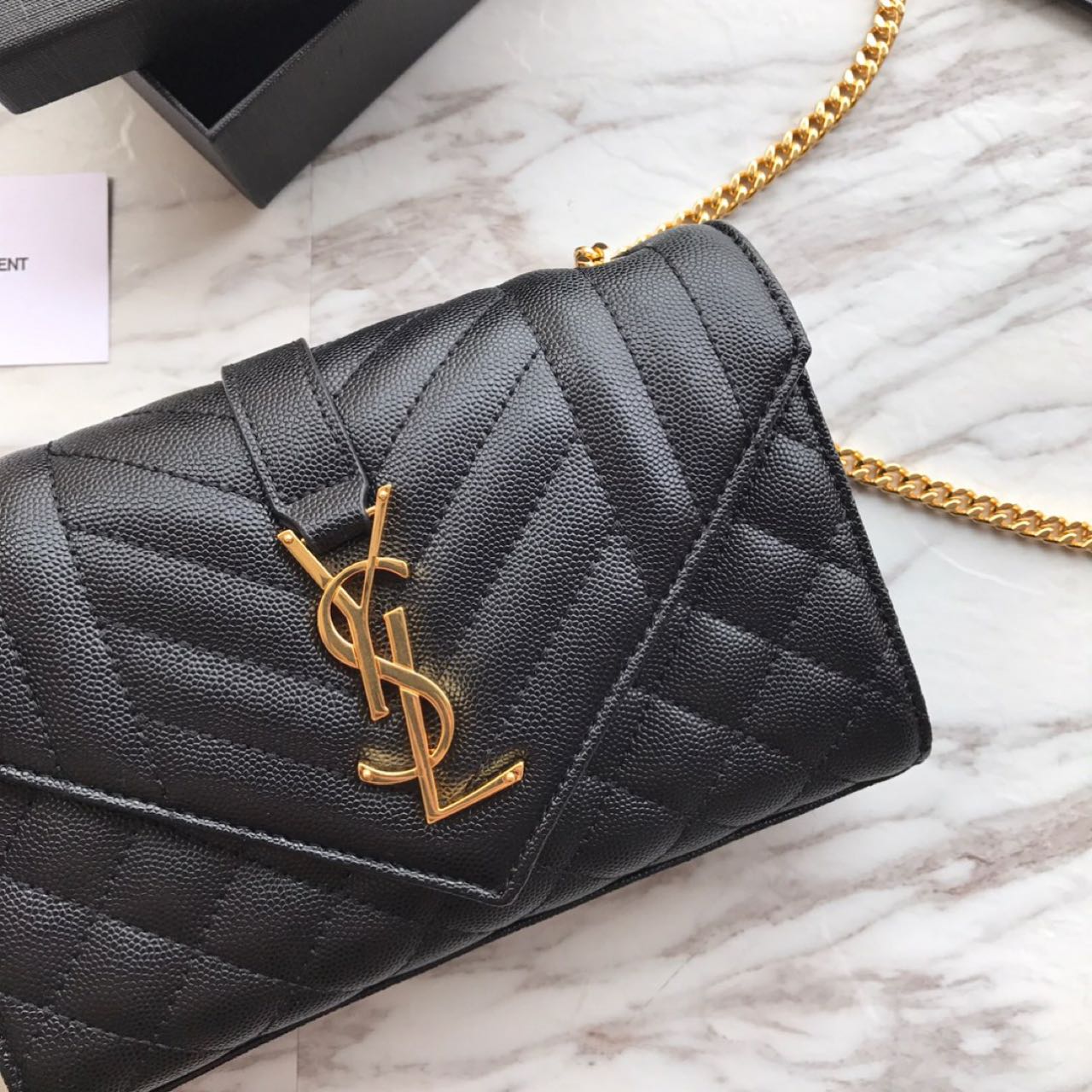 Saint Laurent Envelope Chain Wallet In Mix Matelasse Grain De Poudre Embossed Leather(21-13-6CM) - DesignerGu