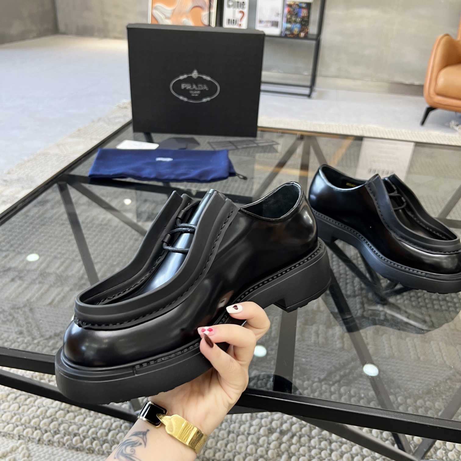 Prada Brushed Leather Lace-up Shoes - 