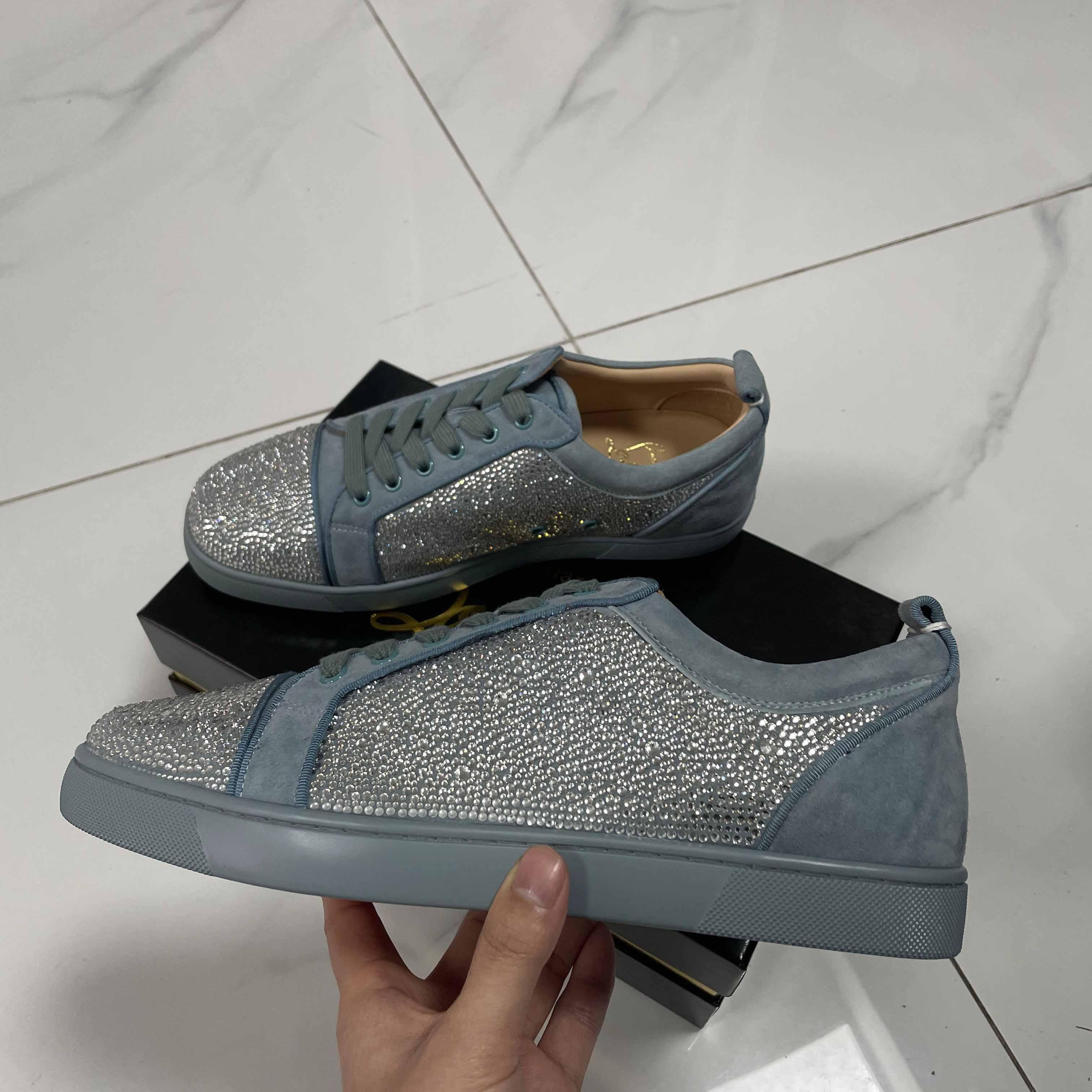 Christian Louboutin Men's Louis Junior Strass Rhinestone Suede Low-Top Sneakers - 