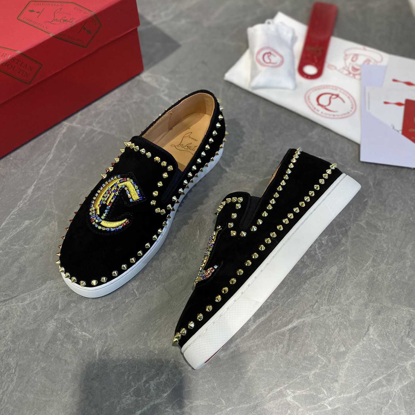 Christian Louboutin Studded Suede Spike Slip-On Sneakers - 