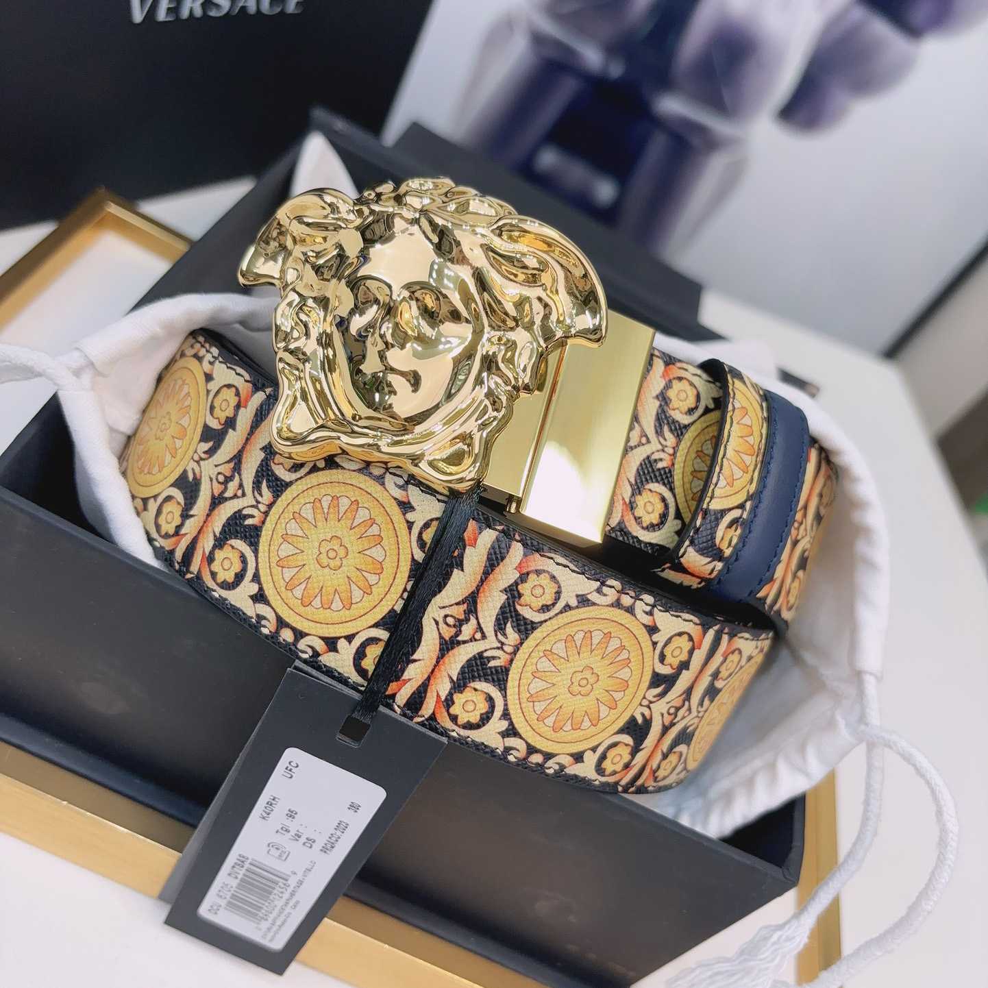Versace La Medusa Logo-buckle Barocco-print Belt   40mm - 