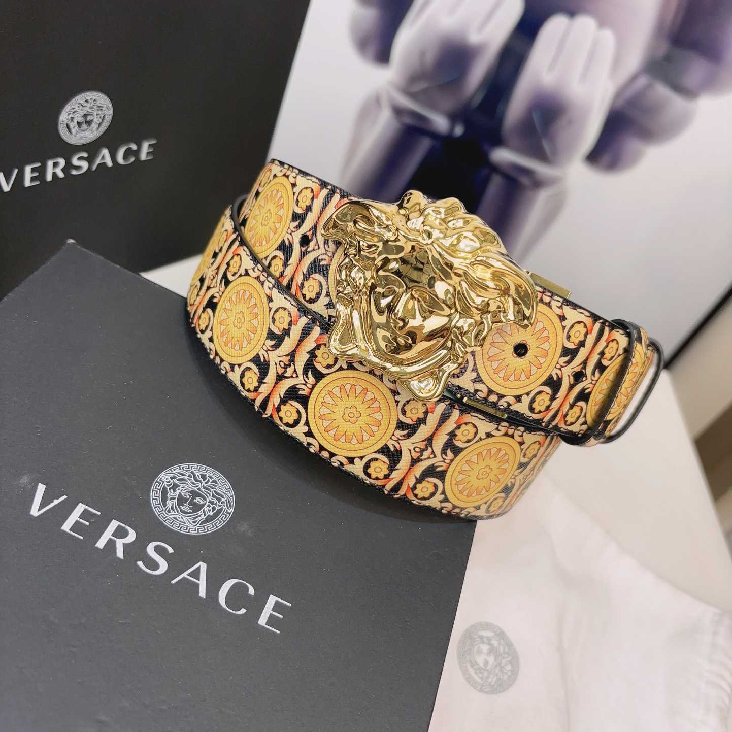 Versace La Medusa Logo-buckle Barocco-print Belt   40mm - 