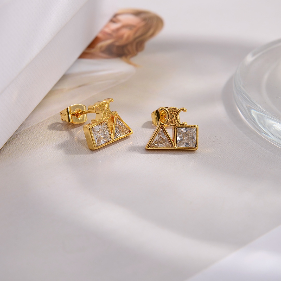 Celine Geometric Earrings In Brass With Gold Finish And Strass - 