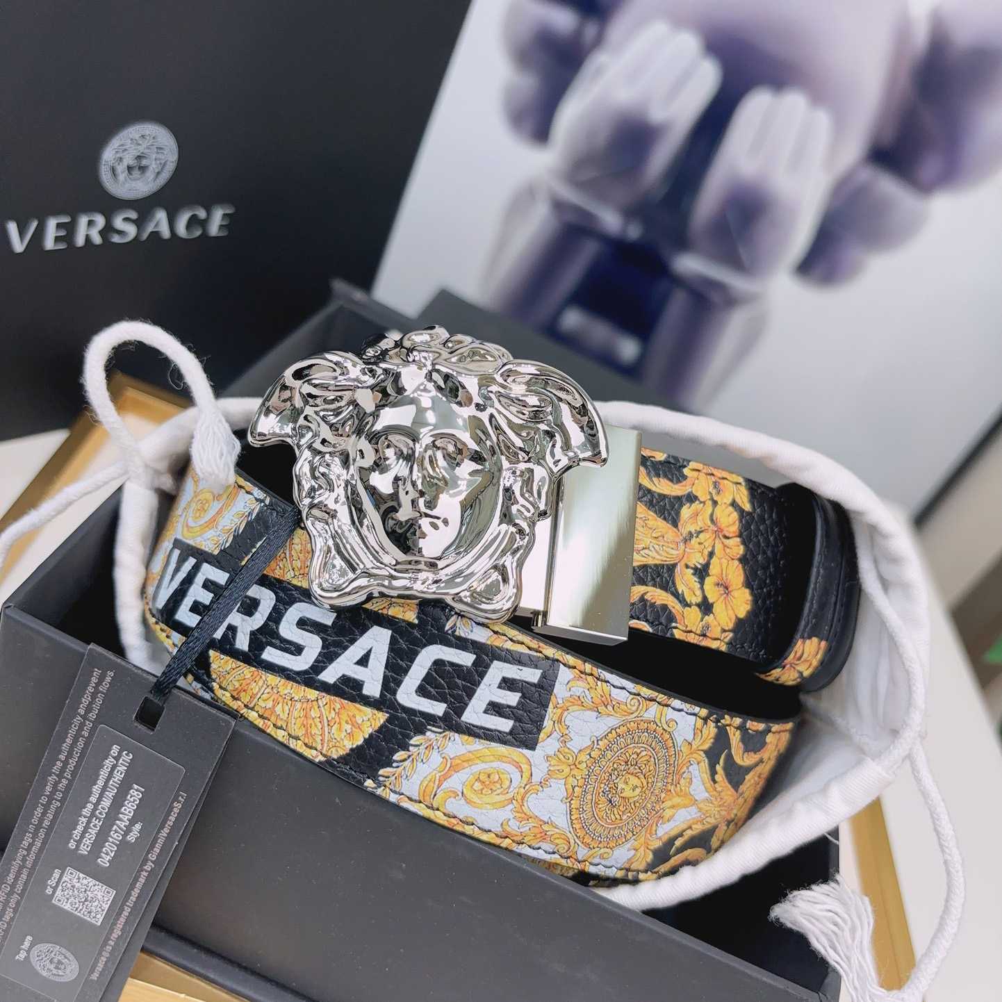 Versace La Medusa Logo-buckle Barocco-print Belt   40mm - 