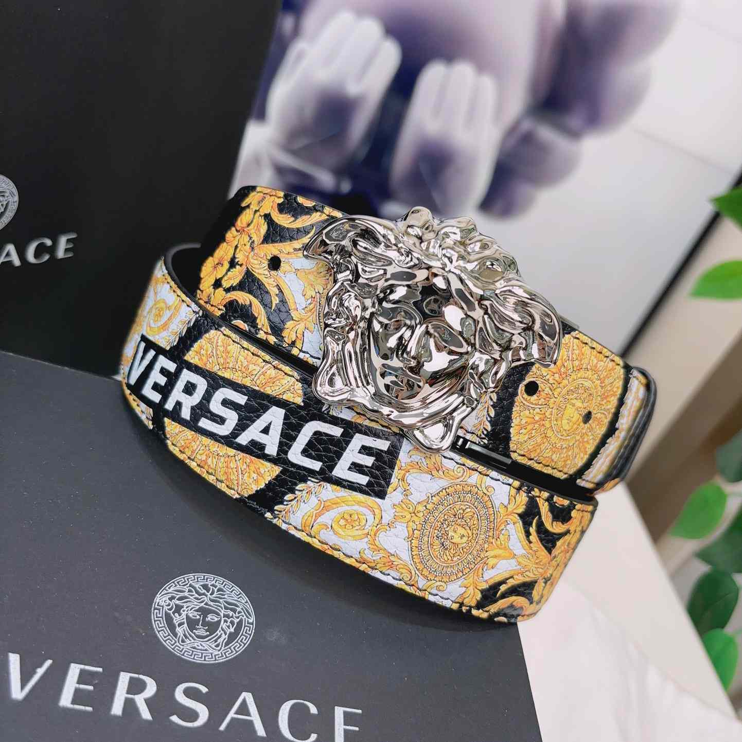 Versace La Medusa Logo-buckle Barocco-print Belt   40mm - 