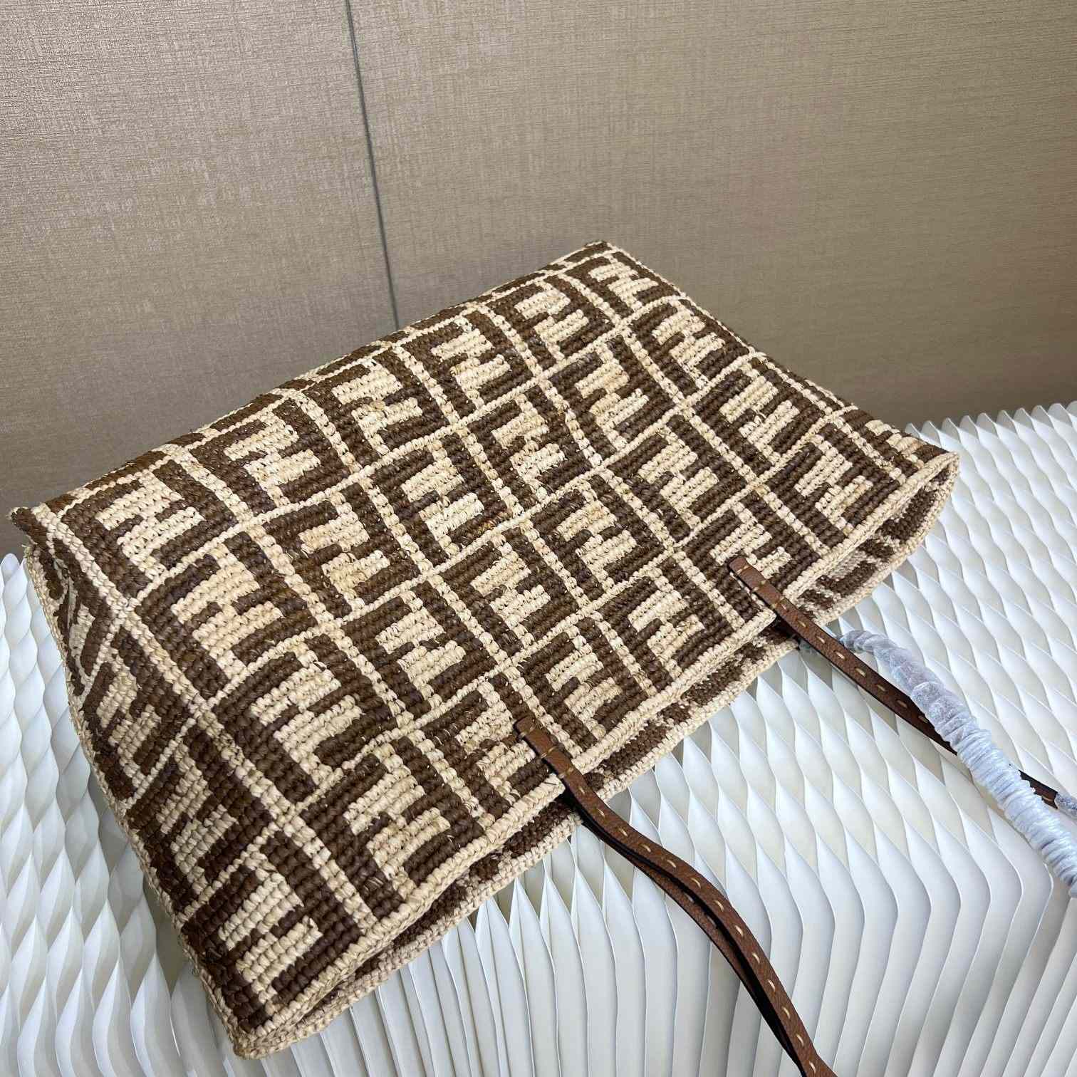 Fendi Roll Brown FF Raffia Crochet Shopper (35-32-19.5cm) - 