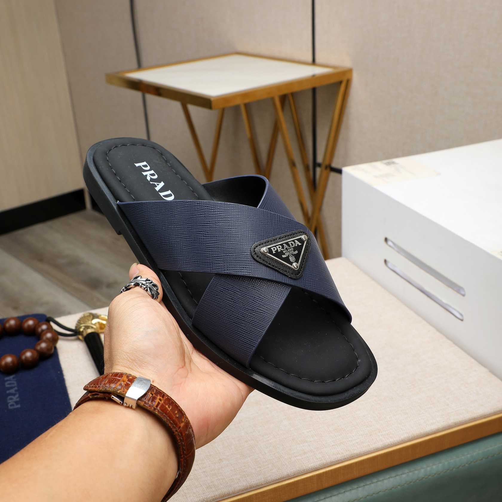 Prada Saffiano Leather Crisscross Sandals - 