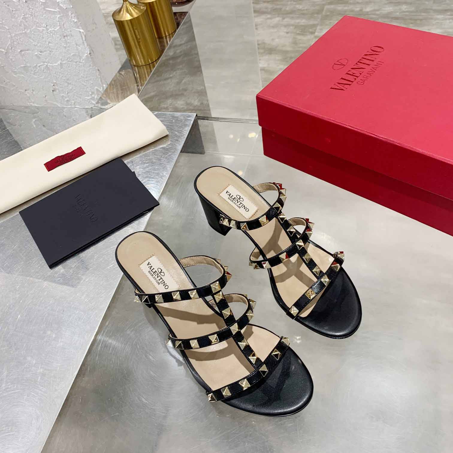 Valenti Rockstud Calfskin Leather Slide Sandal  - 