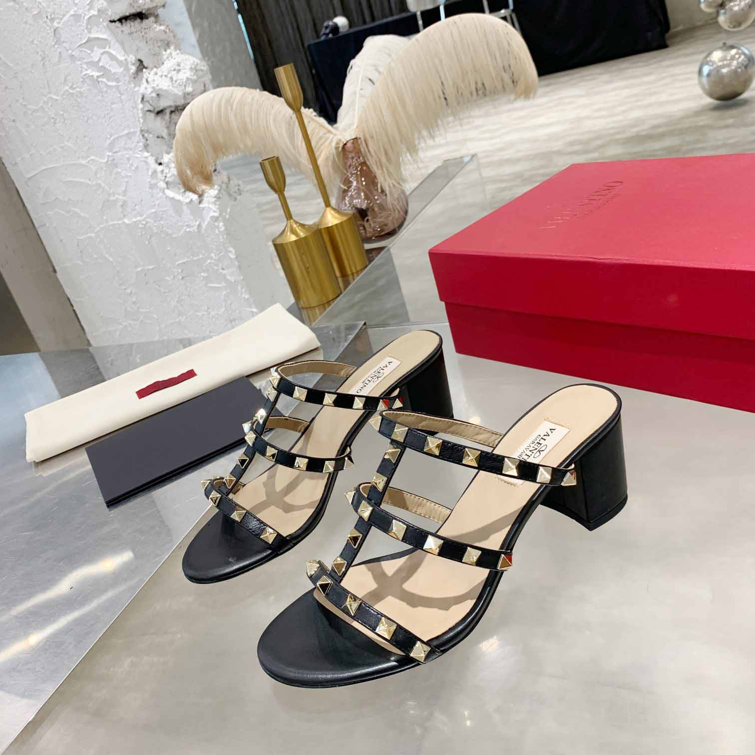 Valenti Rockstud Calfskin Leather Slide Sandal  - 
