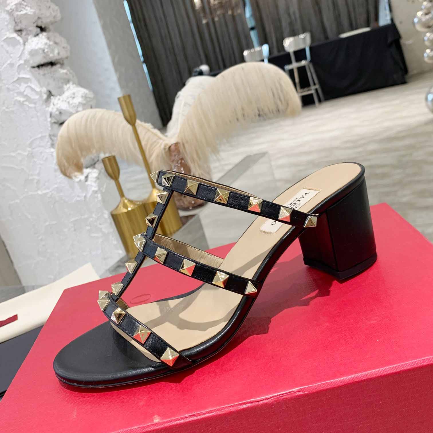 Valenti Rockstud Calfskin Leather Slide Sandal  - 